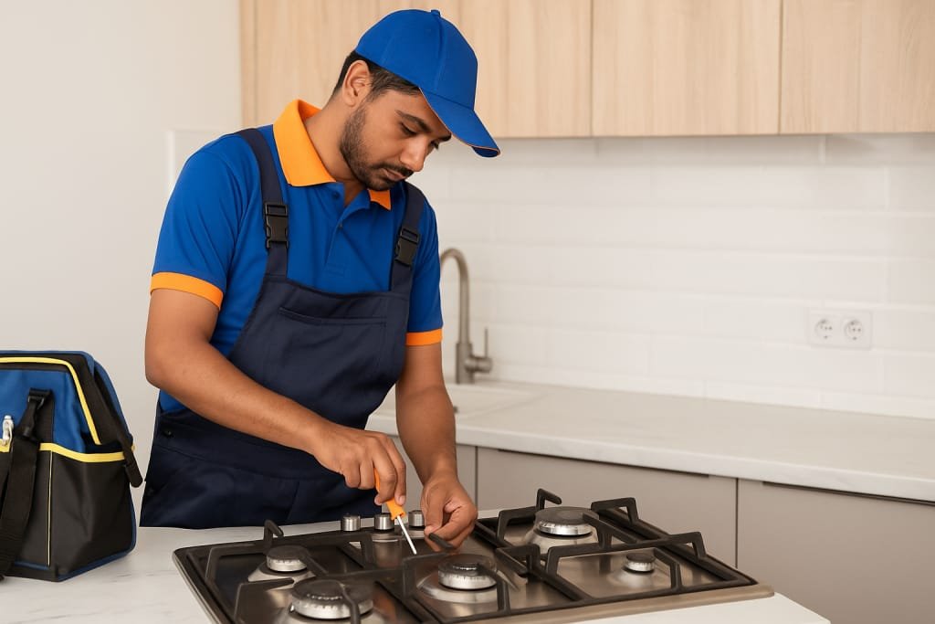 Technician repairing a gas stove burner